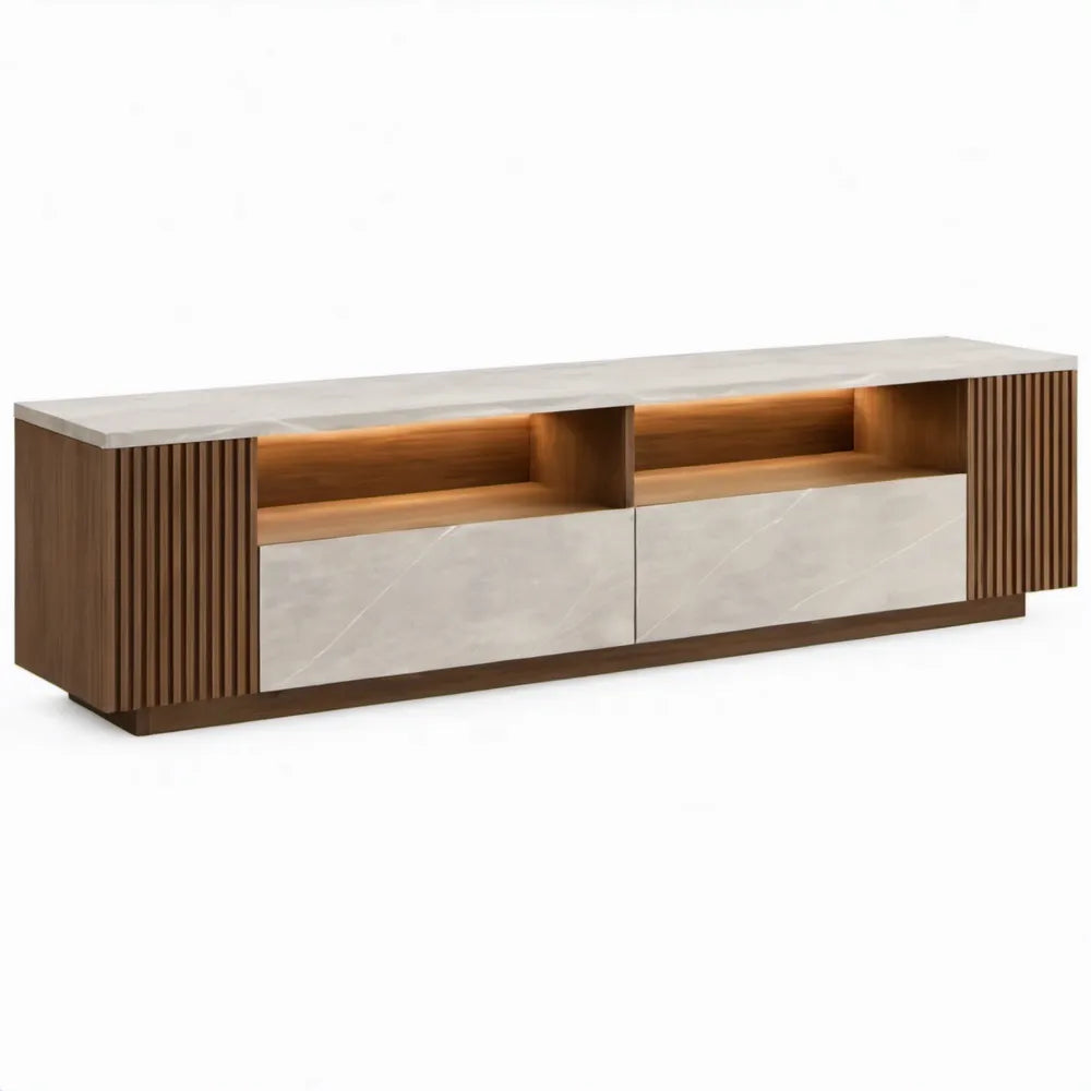 Tv-meubel 200 x 40 x 50 cm met 2 lades, 2 open vakken en verlichting in walnootbruin en beige