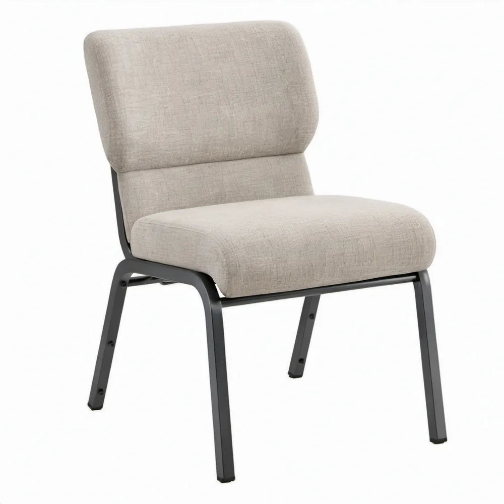 Beige gestoffeerde stoel met zwart stalen frame, 54 x 61 x 84 cm