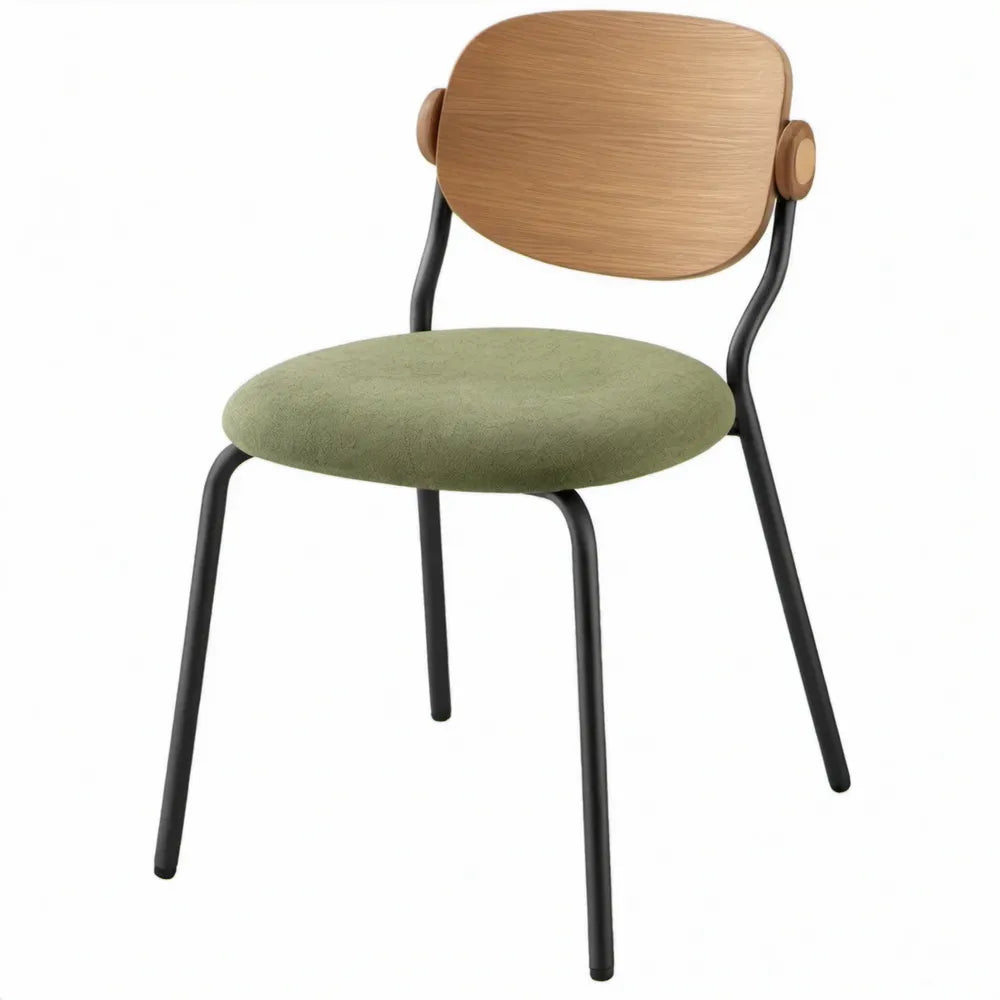 Eetkamerstoel met olijfgroene polyester zitting, eikenfineer rugleuning en zwart stalen frame 52 x 55 x 78 cm