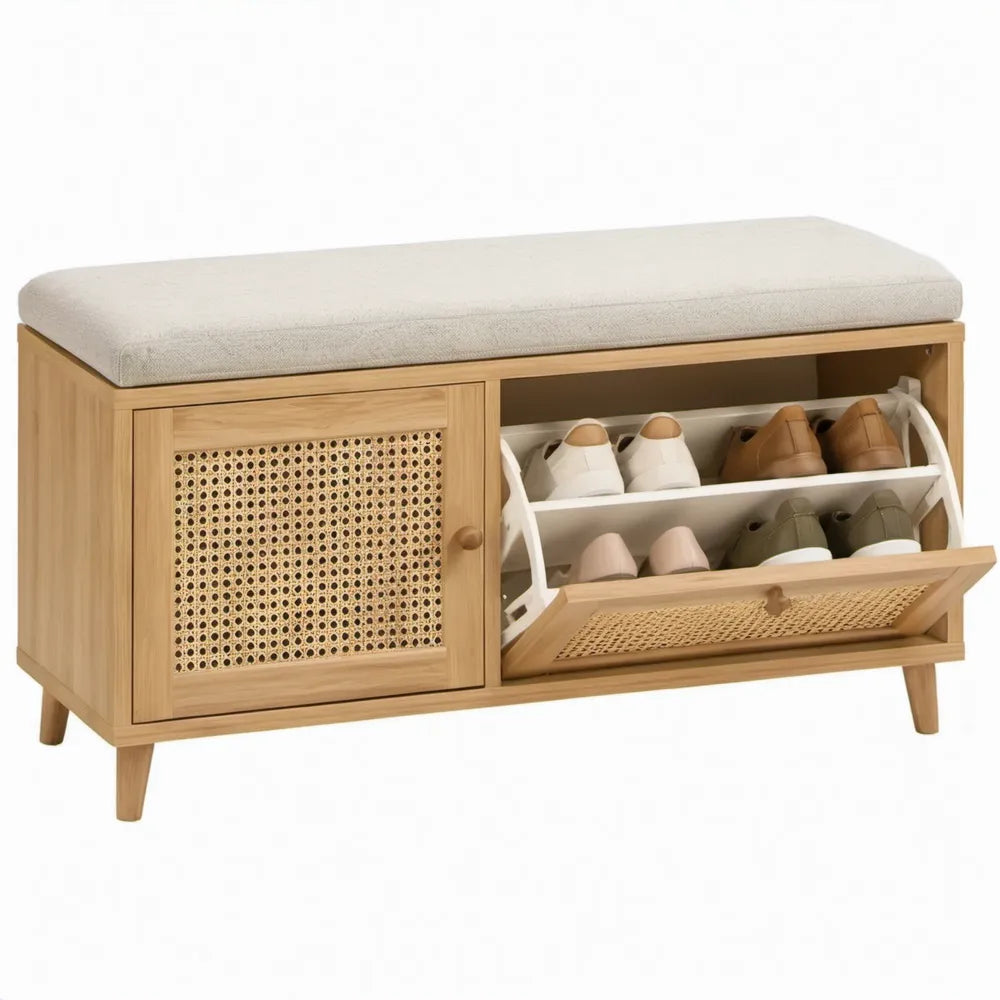 Schoenenkast met zitbank van bamboe en rotan, 100 x 35 x 50 cm, naturel/gebroken wit