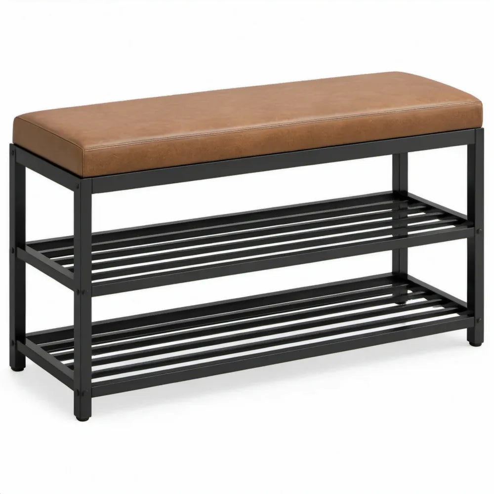 Schoenenbank met 2 schoenenplanken, 80 x 30 x 45 cm, bruin/zwart, PU-kunstleer en staal