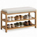 Bamboe schoenenbank met beige zitkussen en 2 rekken, 70 x 30 x 45 cm