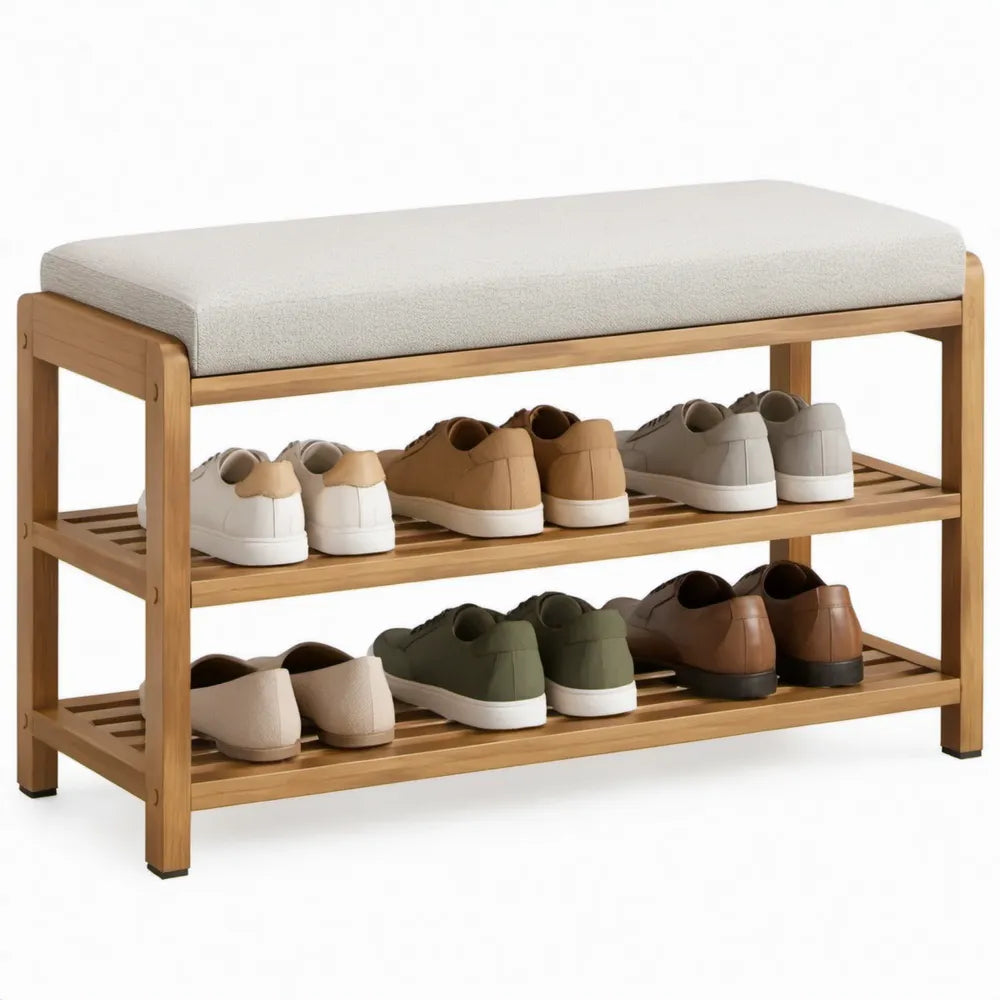 Bamboe schoenenbank met beige zitkussen en 2 rekken, 70 x 30 x 45 cm