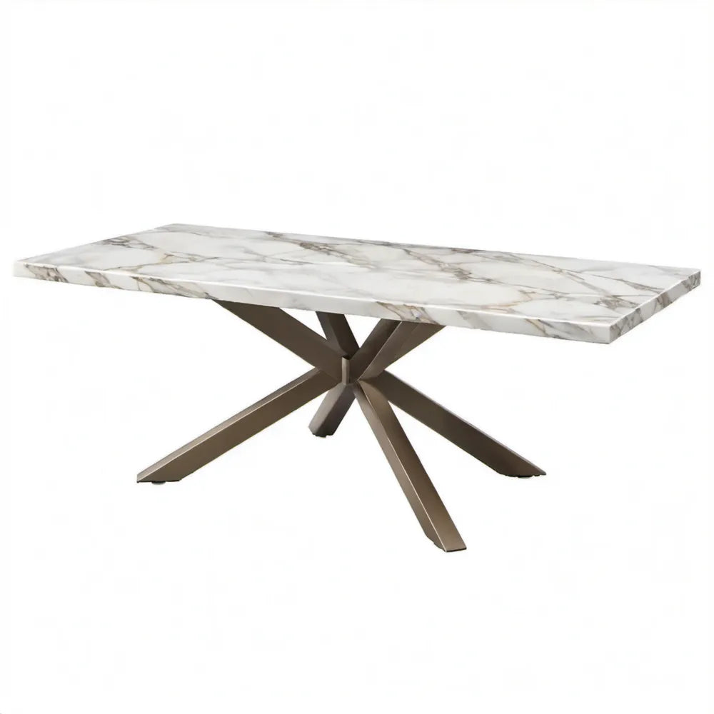 Rechthoekige eettafel 180 x 90 x 75 cm met wit marmerlook blad en taupekleurig stalen kruispoot