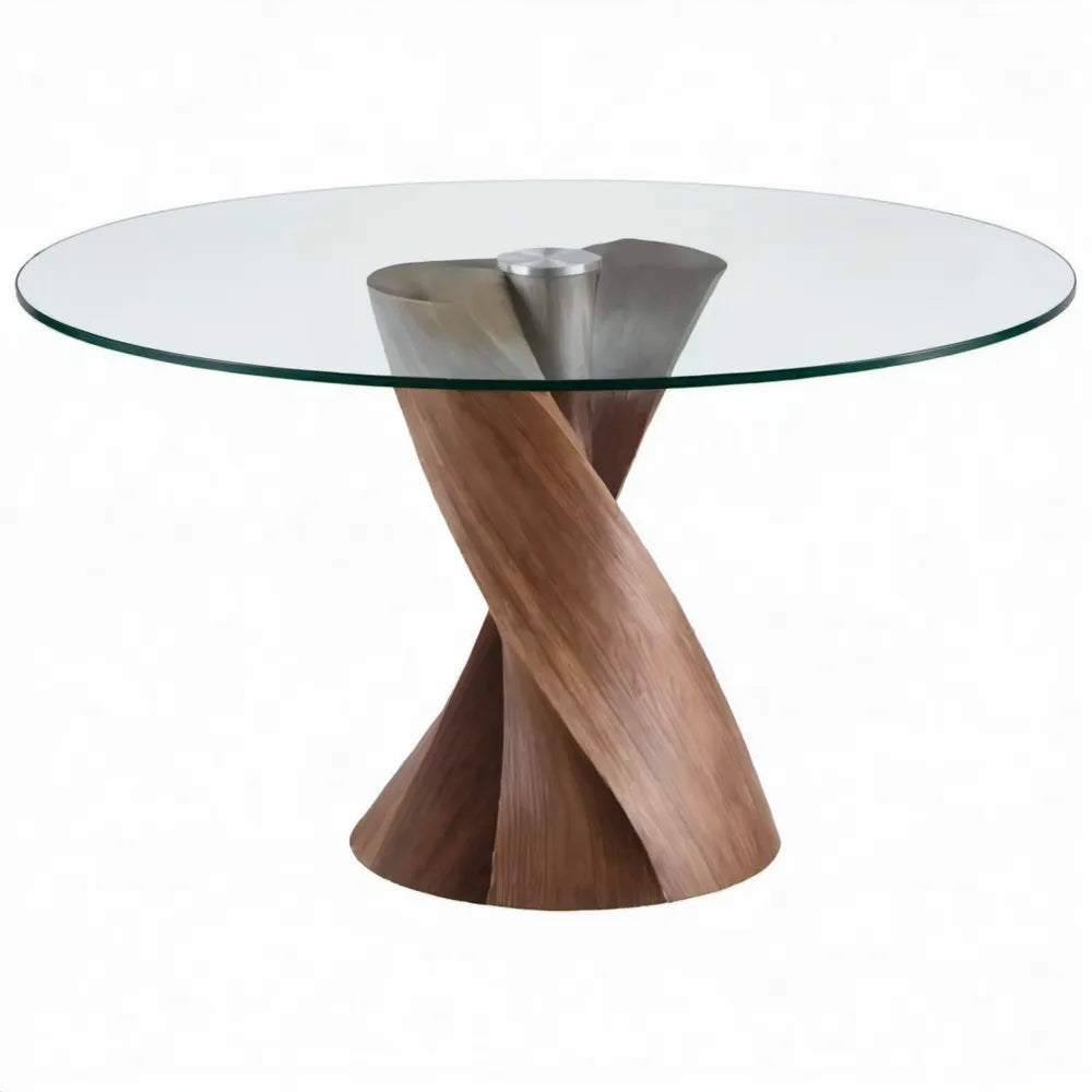 Ronde eettafel Ø 120 x 75 cm van transparant gehard glas met walnootbruin MDF en zilverkleurig roestvrij staal