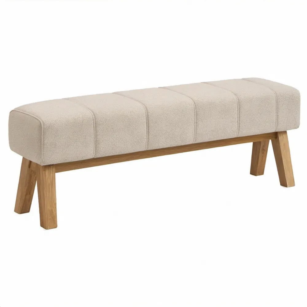 Halbank 120 x 40 x 48 cm in crèmekleurige bouclé met poten van massief rubberhout