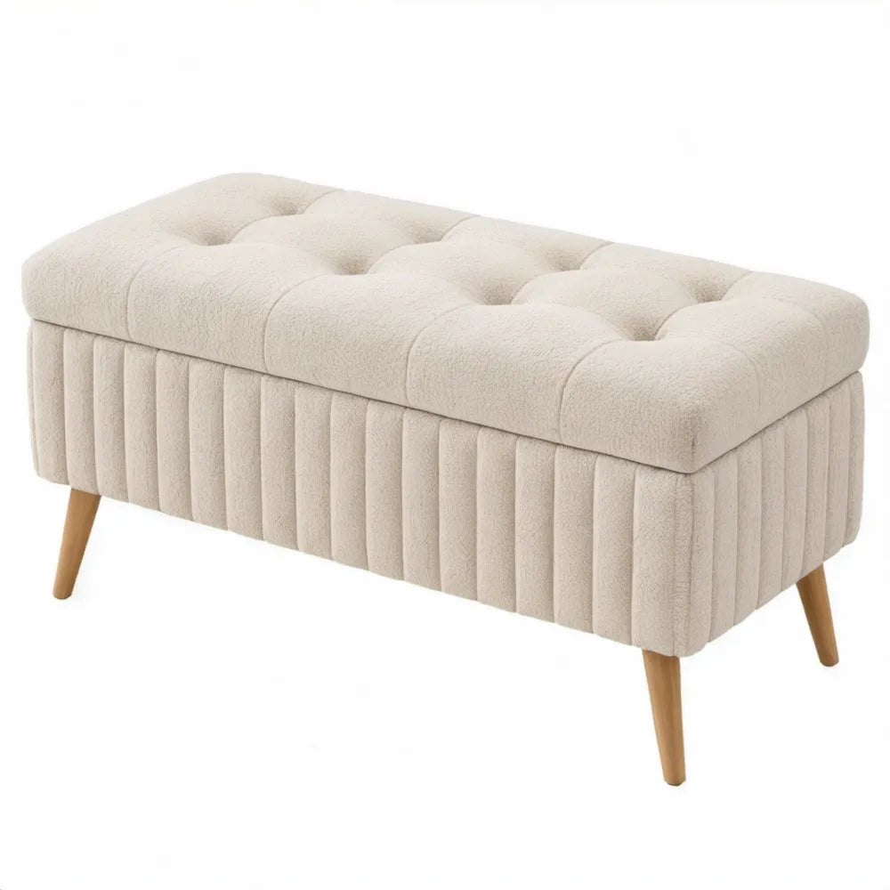 Crèmekleurige opbergbank van bouclé met naturelbruine rubberhouten poten, 100 x 40 x 45 cm
