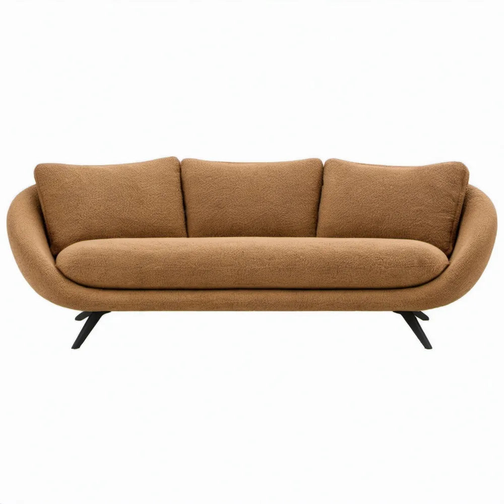 Gebogen 3-zitsbank in camelbruin bouclé met zwarte poten, 210 x 90 x 78 cm