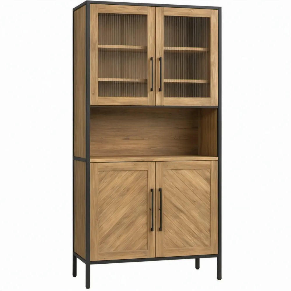 Buffetkast van massief mangohout met 4 deuren en geribbeld glas – 90 x 40 x 190 cm – Naturel/Zwart