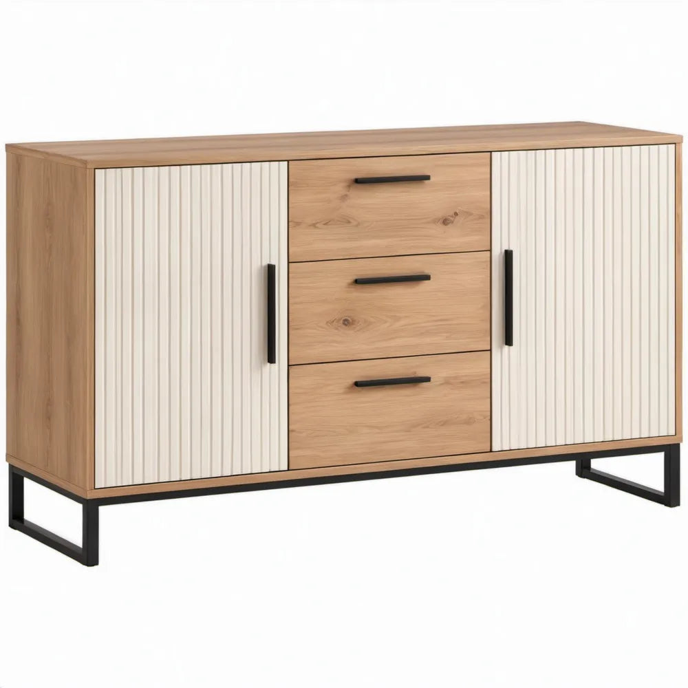 Dressoir met 3 laden en 2 geribbelde deuren, 140 x 40 x 80 cm, eikenlook, wit en zwart