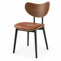 Stoel met gebogen walnootfineer rugleuning, cognacbruine PU-kunstleren zitting en zwart stalen frame, 52 x 56 x 80 cm