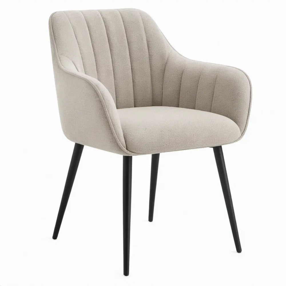 Beige bouclé eetkamerstoel met armleuningen en zwarte stalen poten, 60 x 63 x 84 cm