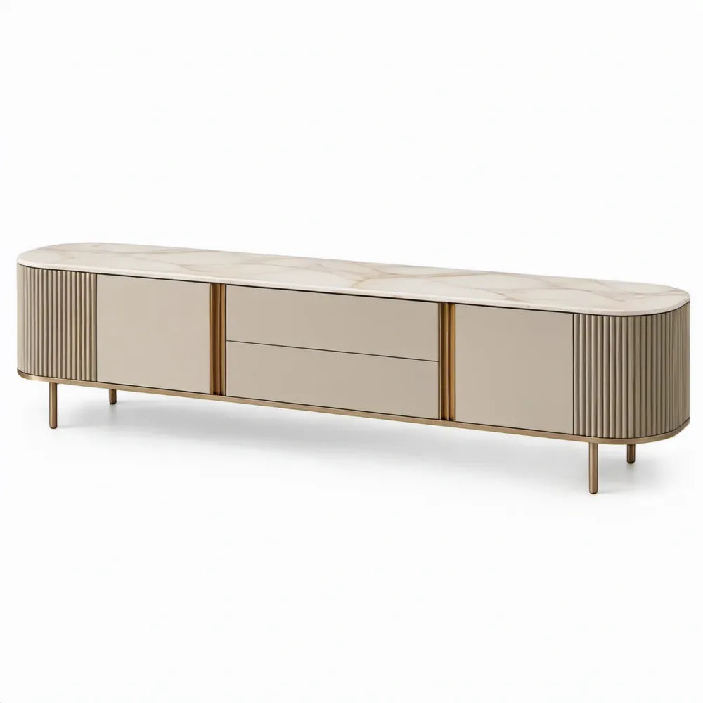 Beige-gouden tv-meubel met 4 deuren en 2 laden, 200 x 40 x 45 cm, MDF en gesinterde steen