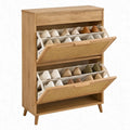 Schoenenkast met 2 kantelvakken en rotan fronten, 80 x 30 x 110 cm, natuurlijk eiken/beige/wit