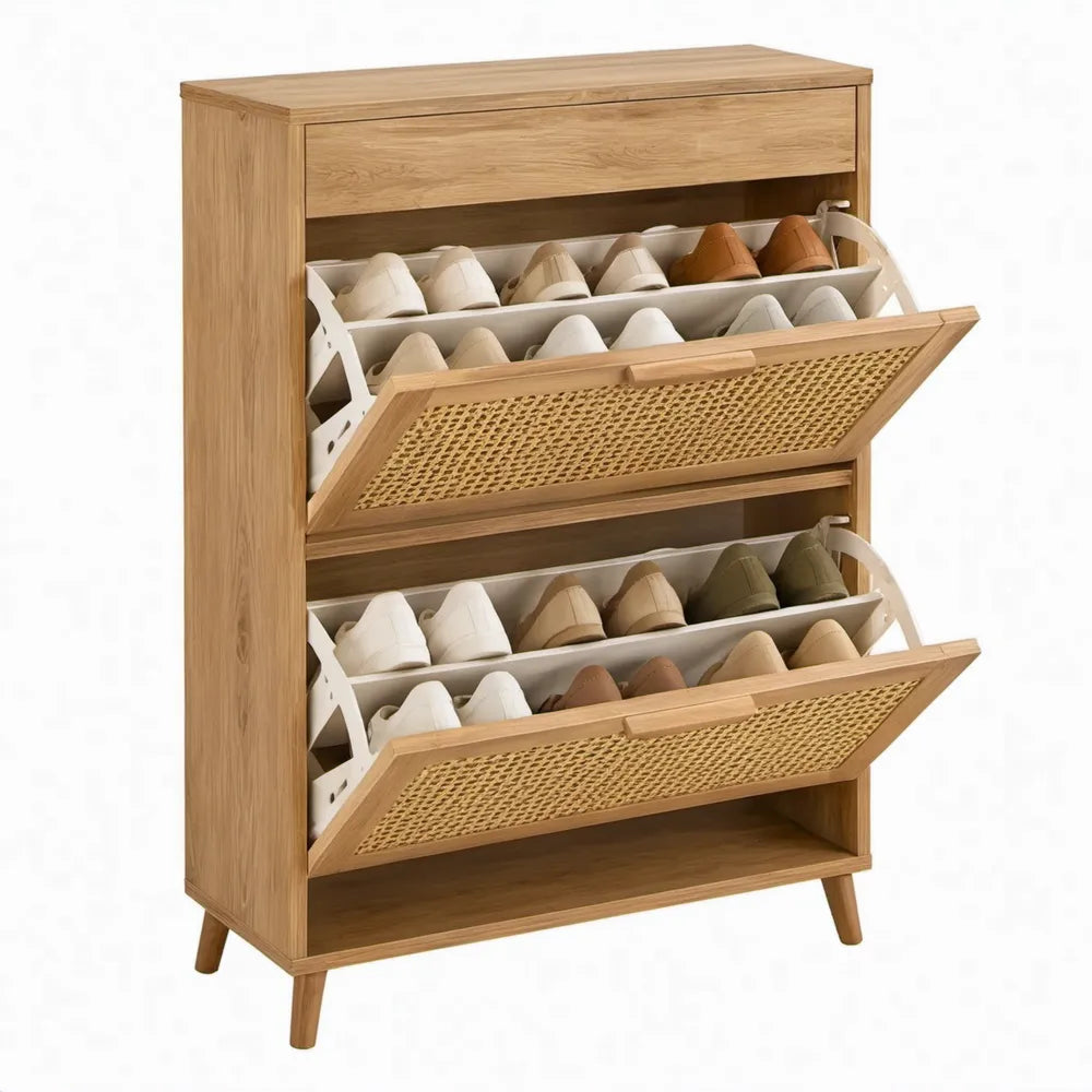 Schoenenkast met 2 kantelvakken en rotan fronten, 80 x 30 x 110 cm, natuurlijk eiken/beige/wit