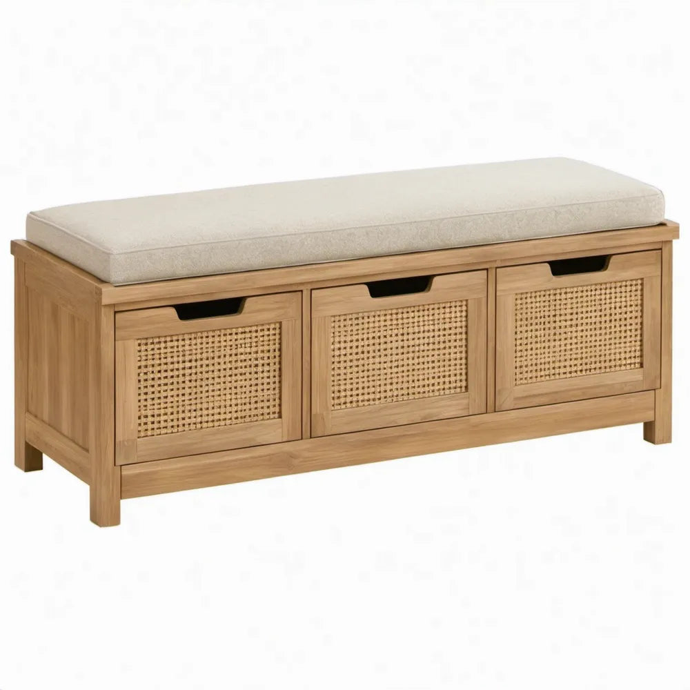 Opbergbank 120 x 40 x 50 cm van naturel massief acaciahout met rotan en gebroken wit zitkussen