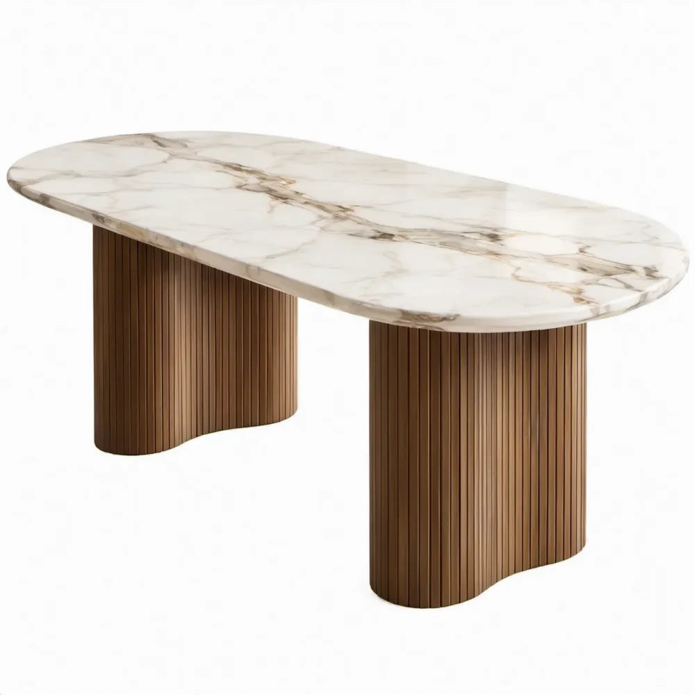 Ovale eettafel 200 x 100 x 75 cm wit walnootbruin keramiek en MDF