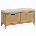 Opbergbank met 2 vakken en zitkussen 100 x 40 x 50 cm naturel eikenhout, rotan en beige