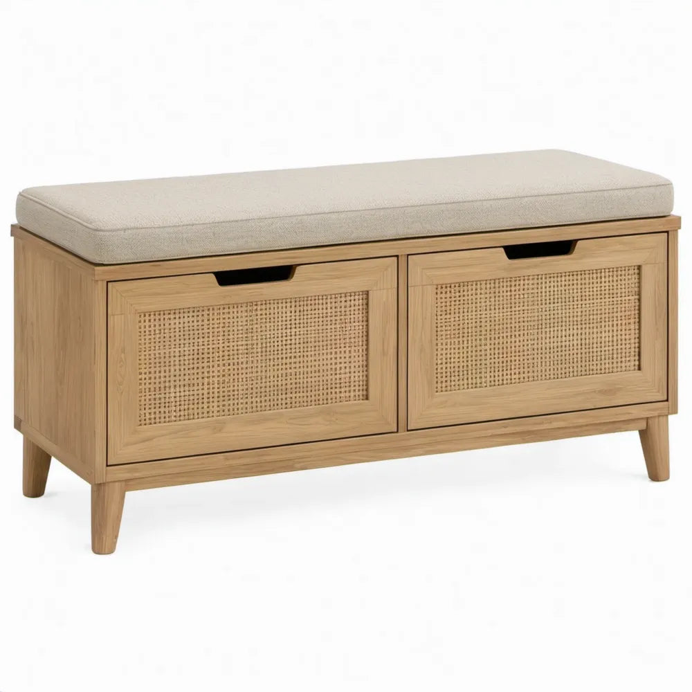 Opbergbank met 2 vakken en zitkussen 100 x 40 x 50 cm naturel eikenhout, rotan en beige