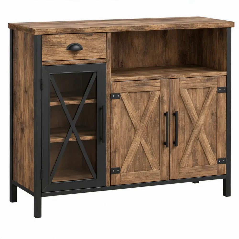 Dressoir van mangohout met 3 deuren, 1 lade en open vak, bruin/zwart, 120 x 40 x 100 cm