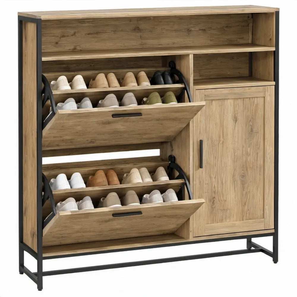 Schoenenkast met 2 kantelvakken, deur en open vakken – 100 x 35 x 120 cm – Eikenkleurig/Zwart
