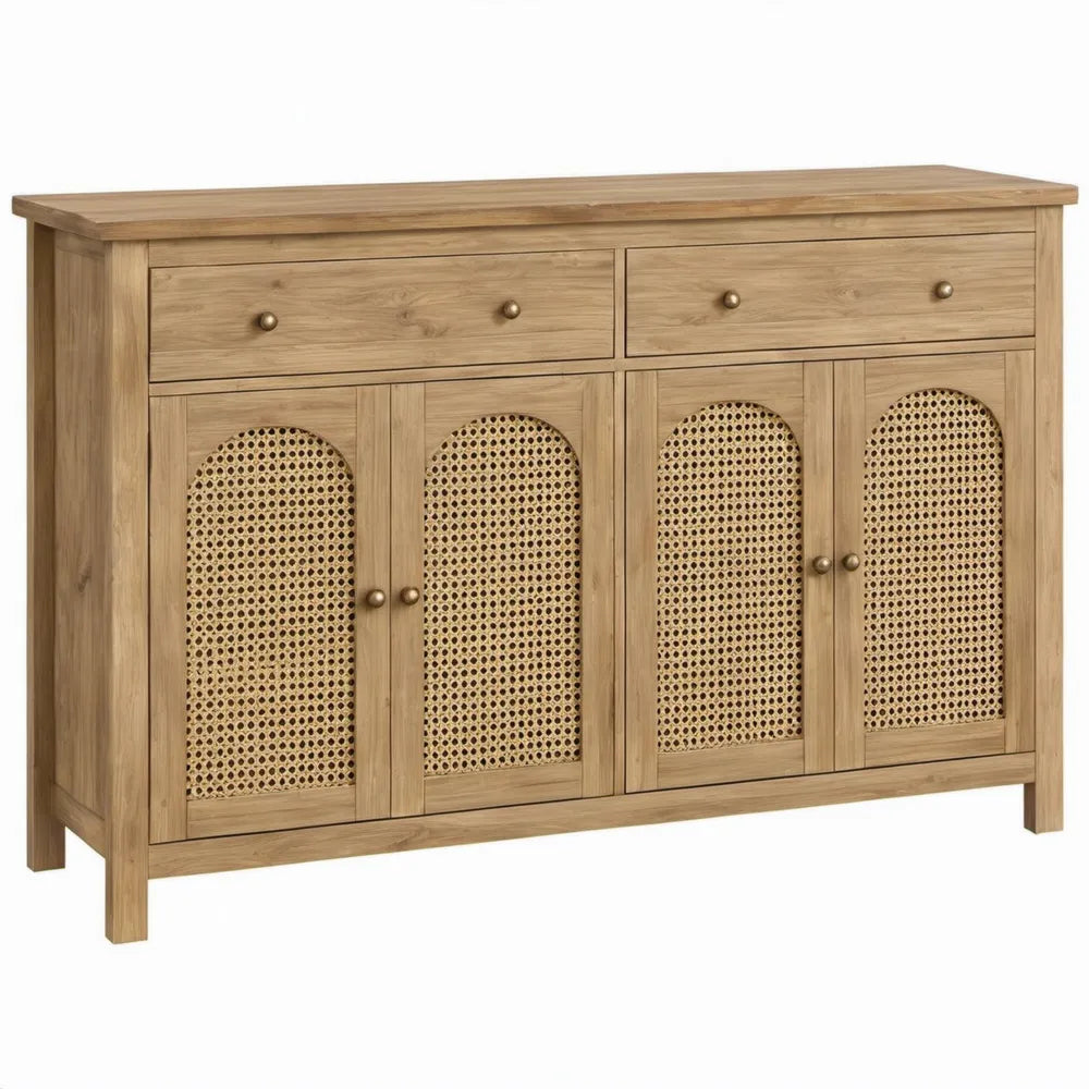 Eikenhouten kast met 4 rotandeuren en 2 lades, 160 x 45 x 90 cm, naturel/beige
