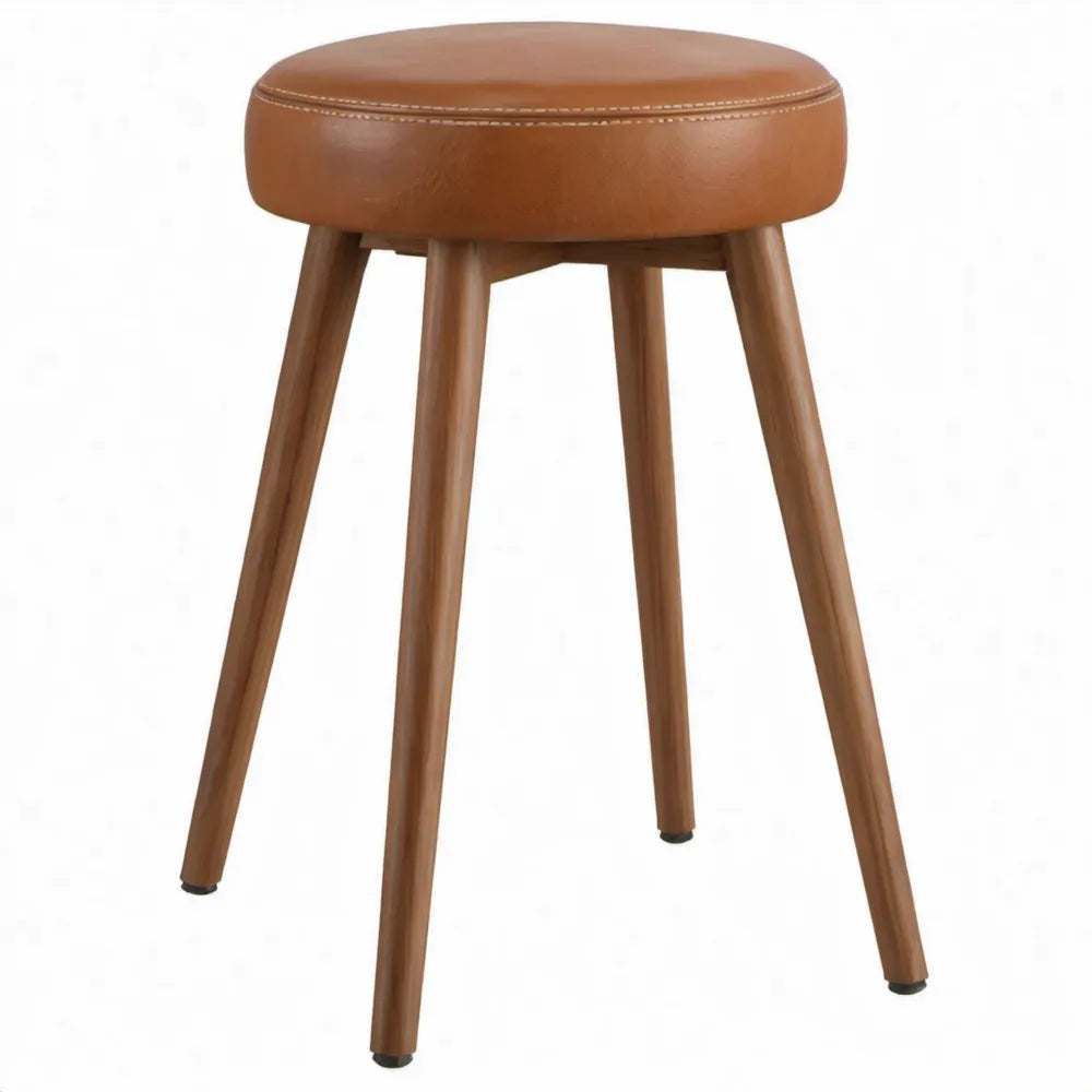 Ronde barkruk 38 x 65 cm van bruin PU-kunstleer met rubberhouten poten