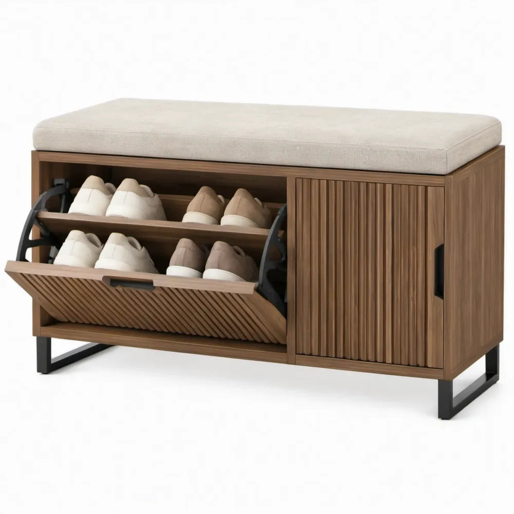 Schoenenkast met zitbank 100 x 35 x 50 cm – Walnootkleurig/Beige/Zwart