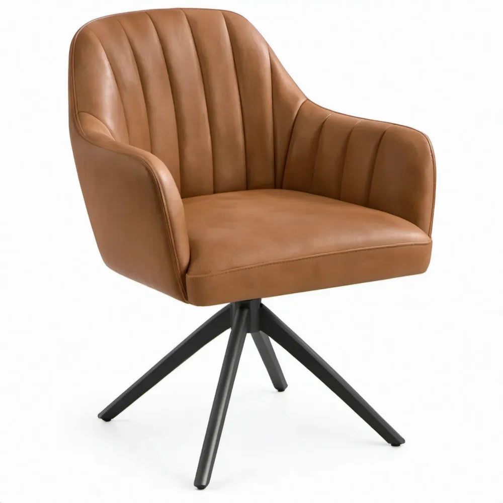 Draaibare eetkamerstoel met armleuningen, 60 x 62 x 86 cm, cognac PU-kunstleer en zwart staal