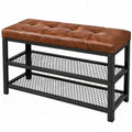 Industriële zitbank met 2 gaasrekken, 100 x 30 x 48 cm, cognacbruin/zwart, PU-leer en staal