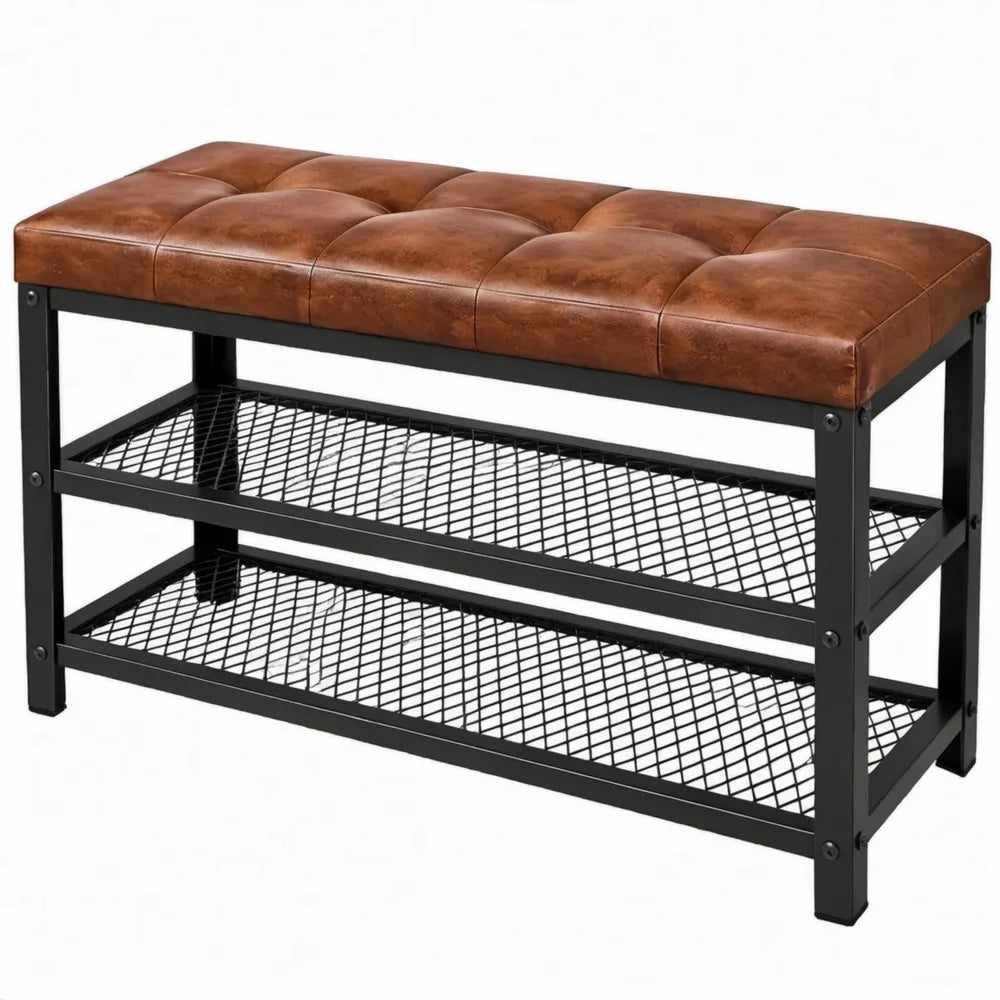 Industriële zitbank met 2 gaasrekken, 100 x 30 x 48 cm, cognacbruin/zwart, PU-leer en staal