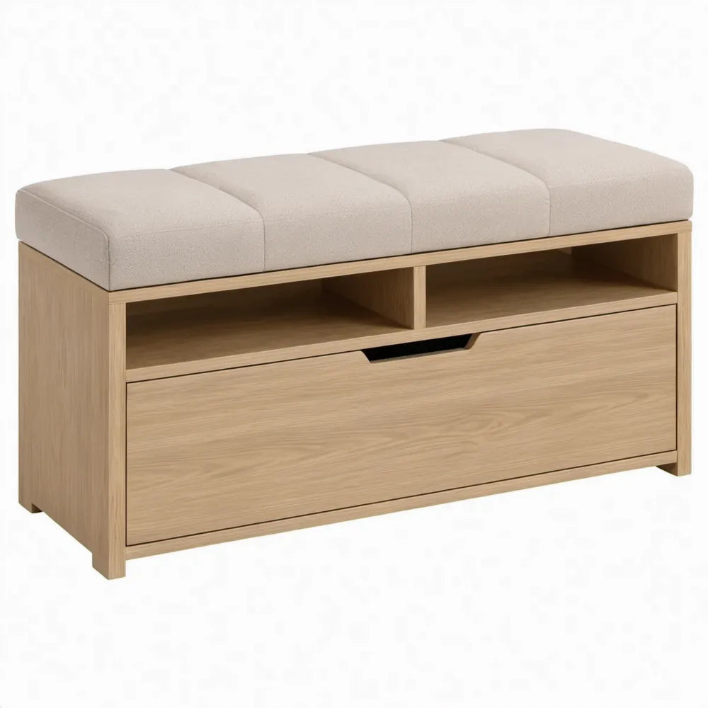 Opbergbank met zitkussen, 100 x 35 x 50 cm, licht eiken en beige